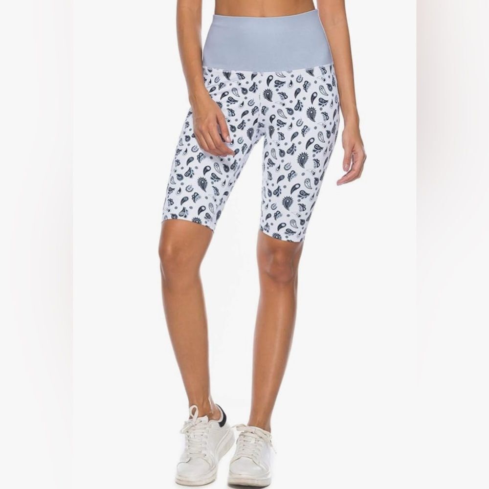 Women’s Biker Shorts - Workout, Running Shorts - Blue/Black Bandana Print-M-new